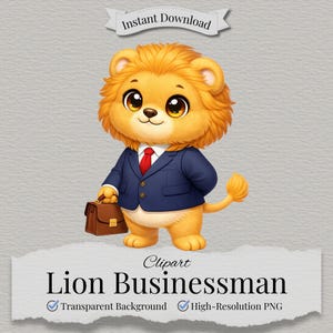 Clipart leeuw zakenman, kantoormedewerker leeuw, bedrijfspersonage png, afbeelding carrière dier