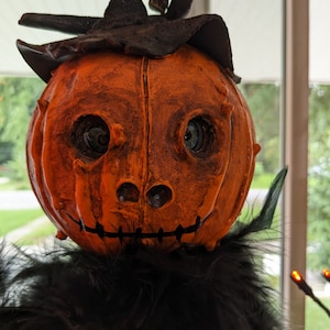 Folk ArtPaper Mache  Miss Black Halloween Scarecrow Pumpkin Decoration OOAK