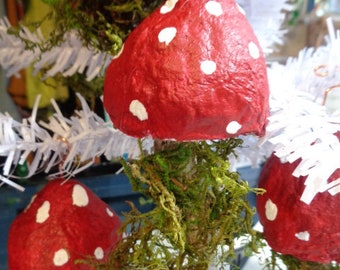 8 Red Hanging Mushroom Sculpture,  Unique Figurine, Fairy, Forest Decor,  Birthday Gift