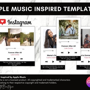 May include: Three Instagram story templates inspired by Apple Music. Each template features a photo and a song title, artist, and lyrics. The first template features a wedding photo with the song "Forever After All" by Luke Combs. The second template features a photo of a woman with the song "Mama's Song" by Carrie Underwood. The third template features a photo of a father and son with the song "You're Gonna Miss This" by Trace Adkins.