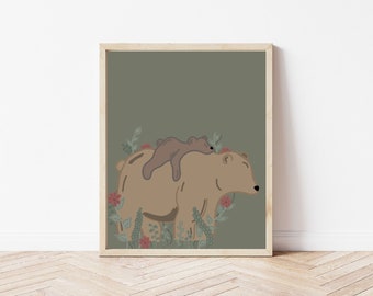 Woodland Bear Nursery Printable, Green Baby Room Decor, Baby Boy Girl Wall Art, Instant Download, Kids room decor, animal print, Bear Cub