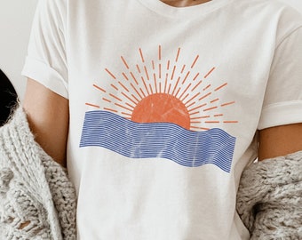 Retro Sunset Beach Graphic T-shirt: Bella Canvas Unisex mjuk bomullströja