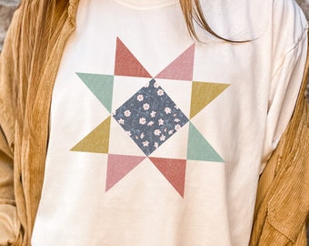 Quilt Block Star Tee, Grafik Tee, Vintage, Komfort Farben T-shirt, Geschenk für sie, Muttertag, Geschenk für Mama, Freund Geschenk, Quilten Geschenk