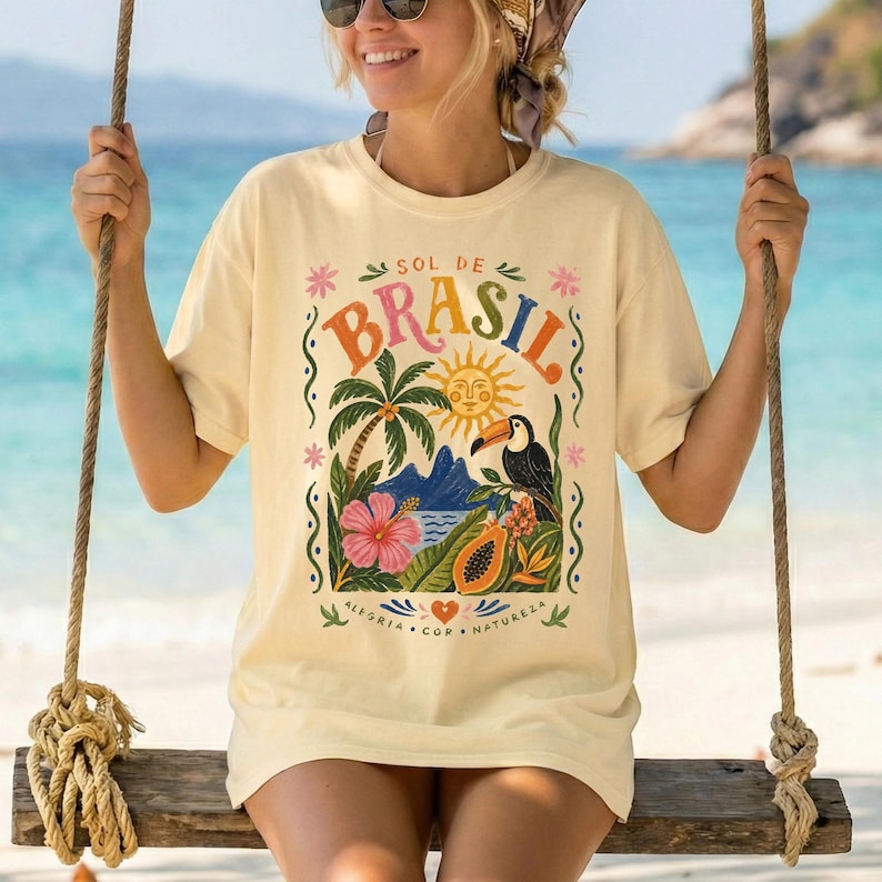 Sol de Brasil Comfort Colors Tshirt, Brazil Travel Poster Tee, Tropical Toucan Shirt, Brazilian Folk Art Top, Boho Summer Vacation Tshirt image 1