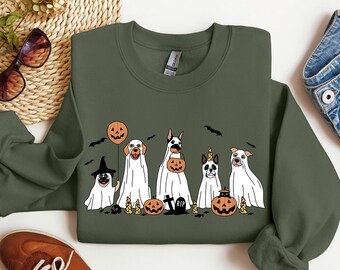 ハロウィンスウェットシャツ、ハロウィンセーター、ゴーストスウェットシャツ、ハロウィンドッグスウェットシャツ、ゴーストドッグシャツ、ハロウィンクルーネック、不気味な季節