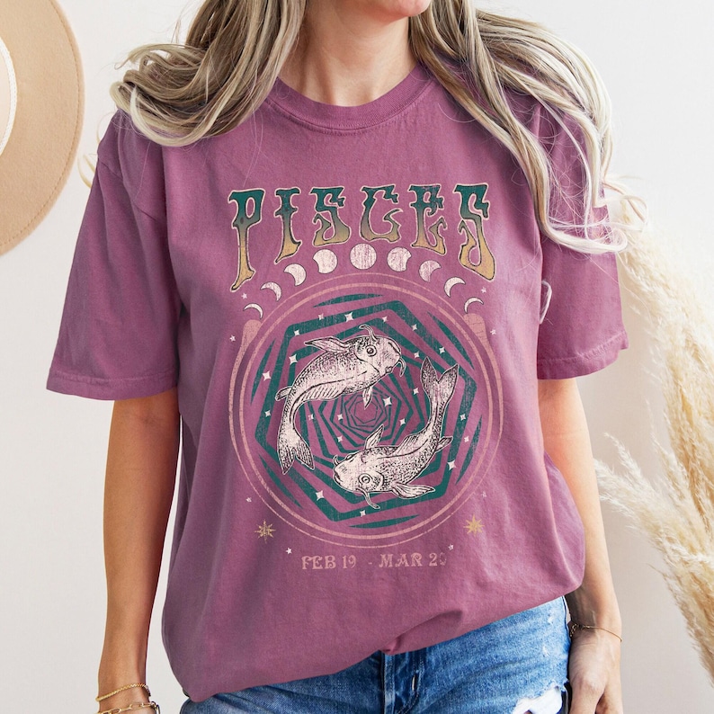 Vintage Pisces Zodiac Tee, Comfort Colors Graphic Shirt image 5