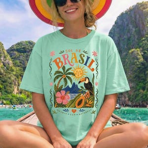 Sol de Brasil Comfort Colors Tshirt, Brazil Travel Poster Tee, Tropical Toucan Shirt, Brazilian Folk Art Top, Boho Summer Vacation Tshirt image 4