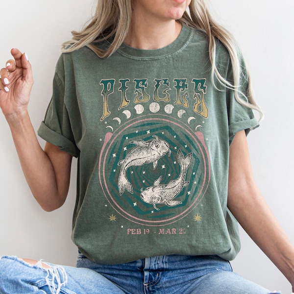 Tee-shirt vintage du zodiaque Poissons, chemise Poissons célestes, tee-shirt surdimensionné, astrologie, horoscope, cadeau d'anniversaire, cadeau pour elle, couleurs de confort