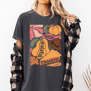 Grateful, Thankful, Blessed, Autumn, Thanksgiving, Flowers, Pumpkins, Pilgrims Tshirt, Comfort Colors Tee, Gift, Garment Dyed
