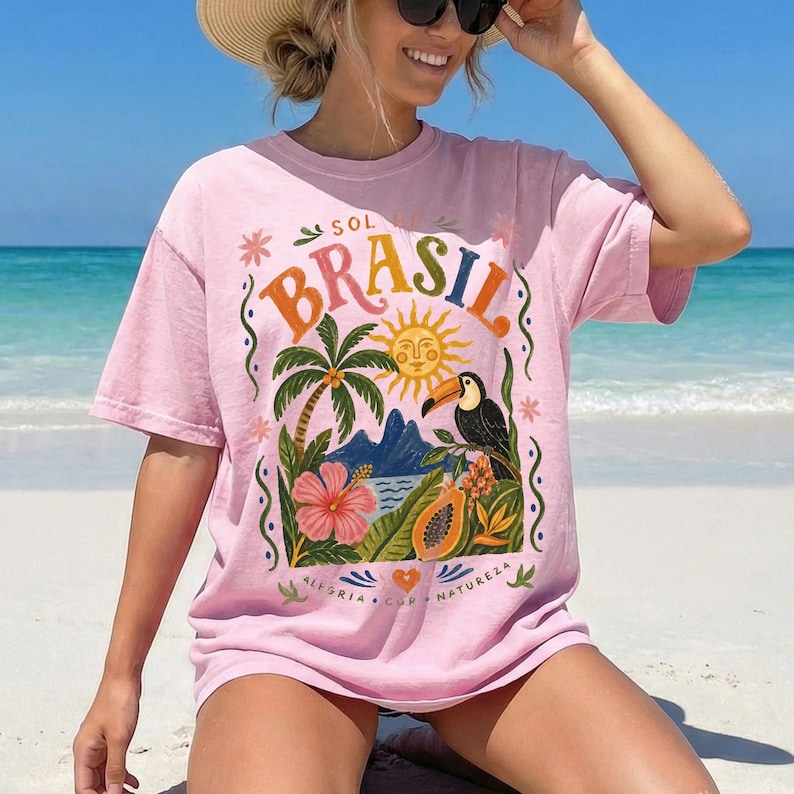 Sol de Brasil Comfort Colors Tshirt, Brazil Travel Poster Tee, Tropical Toucan Shirt, Brazilian Folk Art Top, Boho Summer Vacation Tshirt image 6
