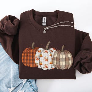 May include: A dark brown sweatshirt featuring a design of three pumpkins in fall colors. The pumpkins have different patterns, including plaid and floral prints. A silver necklace with a sunburst pendant is also visible.