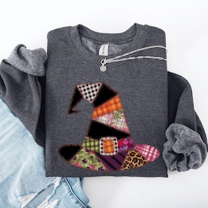 Faux Patchwork Witch Hat, Patchwork Halloween Shirt, Spooky Season, Witchy Vibes, Halloween Sweatshirt