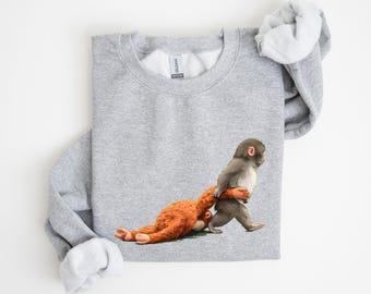 Punch the Monkey Crewneck Sweatshirt, Viral Orangutan Dragging Stuffed Animal Shirt