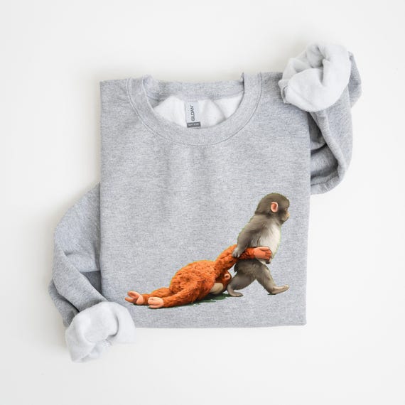 Punch the Monkey Crewneck Sweatshirt, Viral Orangutan Dragging Stuffed Animal Shirt