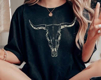 Comfort Colors Boho Cow Skull Shirt, Cowgirl Shirt, Skull Shirt, Western Clothing, Cowboy, Boho Cow Skull, Bull Shull Shirt, Longhorn Shirt