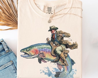 Camiseta vaquera con trucha arcoíris / Colores Genuine Comfort / Camiseta gráfica de rodeo del club de pesca vaquera