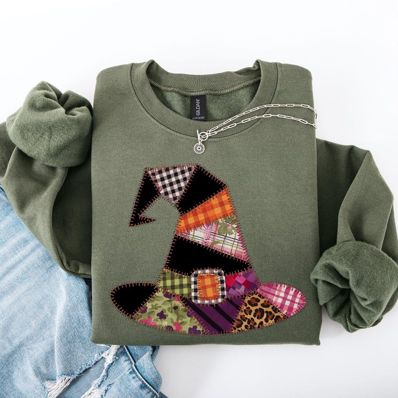 Faux Patchwork Witch Hat, Patchwork Halloween Shirt, Spooky Season, Witchy Vibes, Halloween Sweatshirt