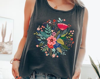 Comfort Colors Floral Folk Art Tank Top: Soft Cotton Summer Wear
