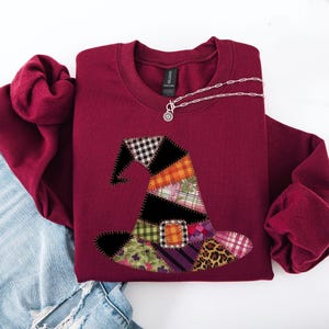 Faux Patchwork Witch Hat, Patchwork Halloween Shirt, Spooky Season, Witchy Vibes, Halloween Sweatshirt