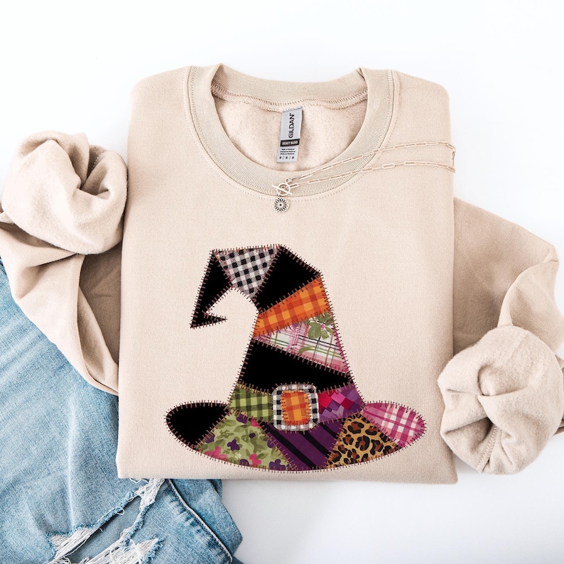Faux Patchwork Witch Hat, Patchwork Halloween Shirt, Spooky Season, Witchy Vibes, Halloween Sweatshirt
