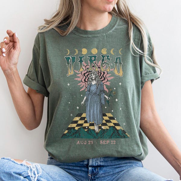 Camiseta del zodiaco Virgo, camisa celestial vintage, colores cómodos