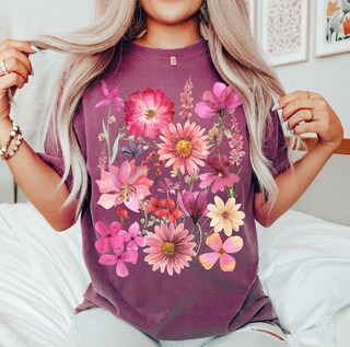 Maglietta Donna Con Stampa Floreale A Margherite - Scollo A V, Maniche Corte, Casual E Boho