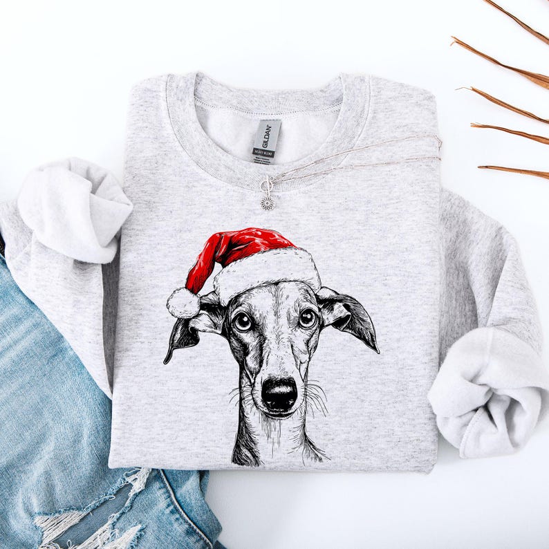 Whippet, Papá Noel, Perro, Navidad, Amante de los perros, Sudadera para mascotas, Cuello redondo, Suéter, Lindo, Navidad, Adorable