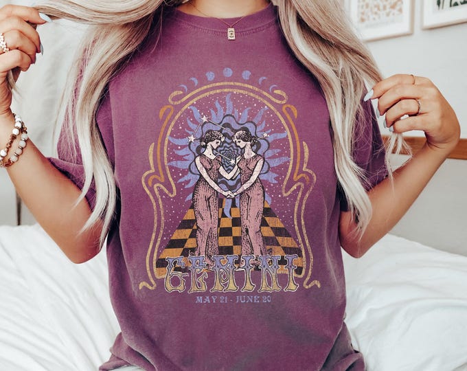Gemini Zodiac Comfort Colors Tee, Vintage Astrology Shirt