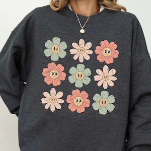 Bluza z motywem retro kwiatów, kratki, stokrotek, hipisów, słodka, pozytywna