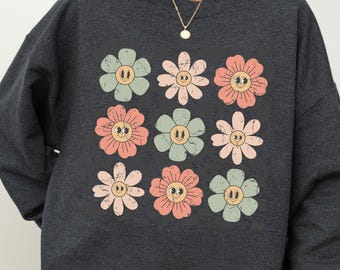 Retro Checkered Flower Sweatshirt, Hippie Daisy Crewneck