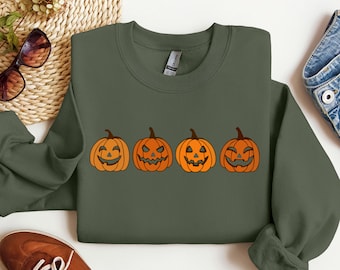 Bluza z dyni, sweter z dyni, bluza z jack-o-lantern, bluza z okrągłym dekoltem na Halloween, sweter na Halloween, upiorny sezon, koszule jesienne