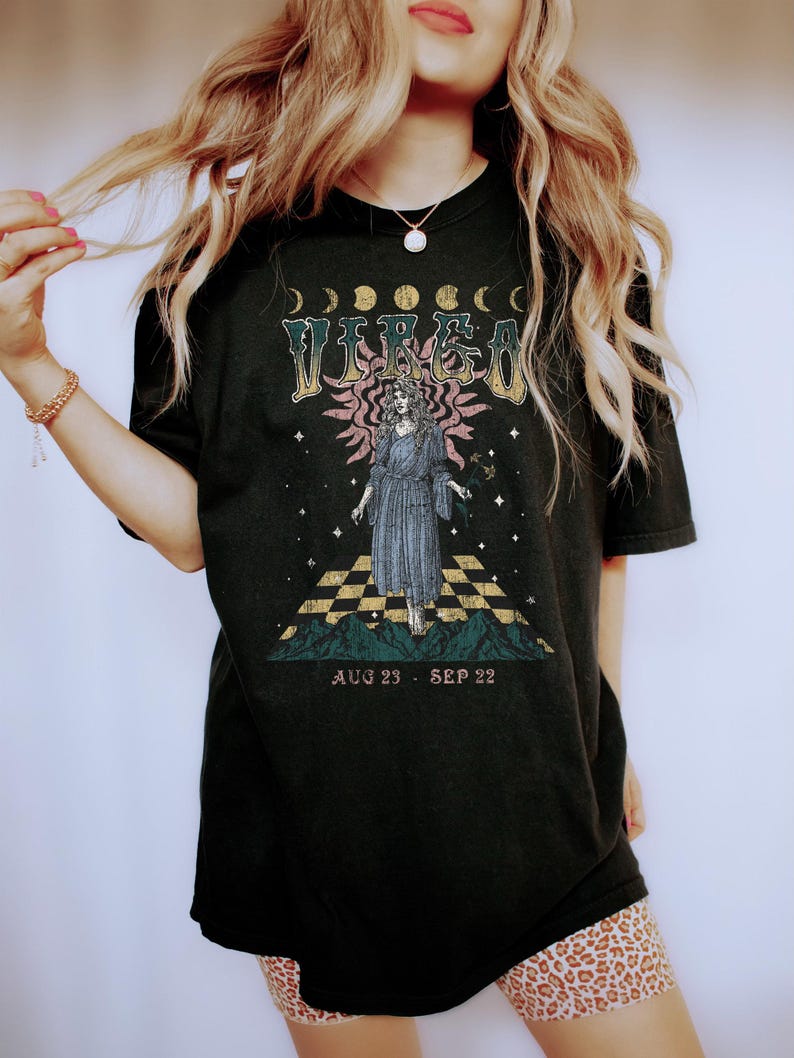 Camiseta del zodiaco Virgo, camisa celestial vintage, colores cómodos imagen 7