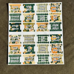 May include: A sheet of Bible book labels with various floral and plaid patterns. Each label features the name of a book from the Bible, such as Genesis, Exodus, and Proverbs. The labels are rectangular with a decorative spool-like design.