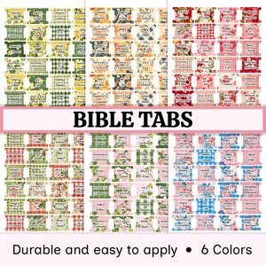 May include: A collection of Bible tabs in six colors, featuring floral, plaid, and patterned designs. The tabs are labeled with book names and the text "BIBLE TABS" is displayed in a pink banner. The text "Durable and easy to apply" is also visible.