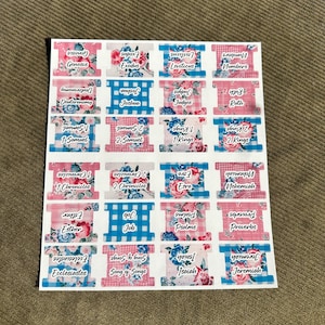 May include: A sheet of Bible book tabs with floral and gingham patterns. Each tab is labeled with a book of the Bible, such as Genesis, Exodus, and Proverbs. The tabs are in shades of pink, blue, and white.