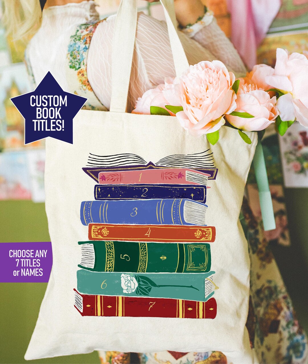 Personalized Book Stack Tote Bag: Hand-drawn Literary Classics, Book ...