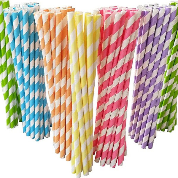 100x Striped Biodegradable Paper Straws | Eco Friendly | Party Straws | Barware | Mancave | BBQ | 19cm | Disposable & Recyclable