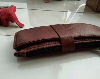 Handmade Genuine Leather Zipper Wallet Leather Coin Purse Long Wallet in Head Leather