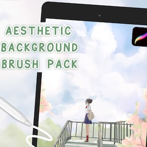 Op de afbeelding: Een digitale illustratie van een jong persoon die op een trap staat en uitkijkt naar een bewolkte lucht. De afbeelding bevindt zich op een tabletscherm met de tekst "AESTHETIC BACKGROUND BRUSH PACK" bovenaan het scherm. Het Procreate-app-pictogram bevindt zich in de rechterbovenhoek van het scherm.