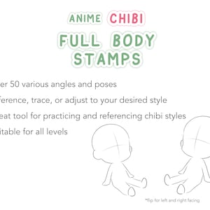 Puede incluir: Un conjunto de sellos de personajes chibi en blanco y negro para dibujar y como referencia. El texto dice "Anime Chibi Full Body Stamps" y "m&aacute;s de 50 &aacute;ngulos y poses variados".