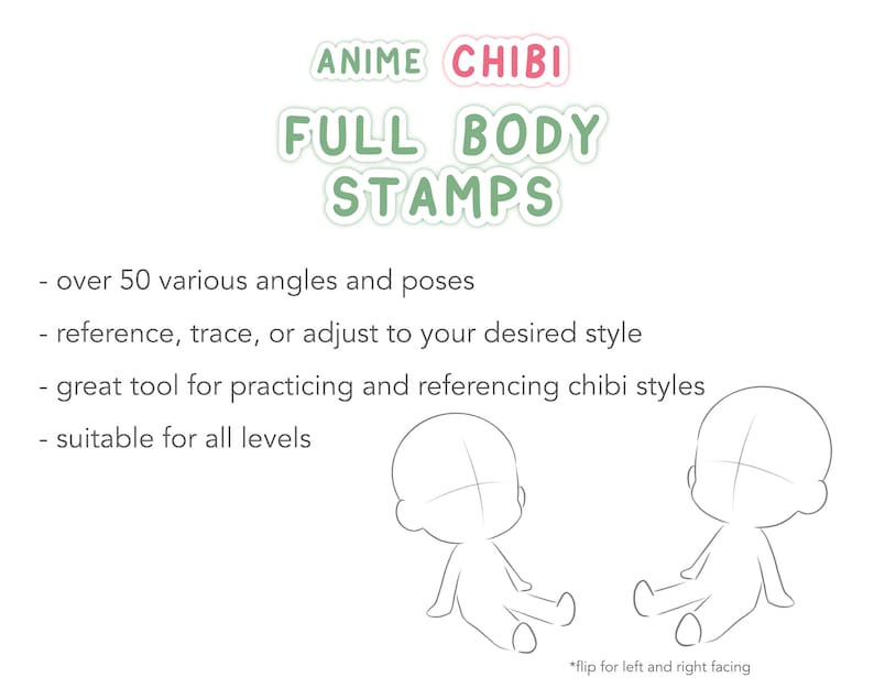 Puede incluir: Un conjunto de sellos de personajes chibi en blanco y negro para dibujar y como referencia. El texto dice "Anime Chibi Full Body Stamps" y "m&aacute;s de 50 &aacute;ngulos y poses variados".