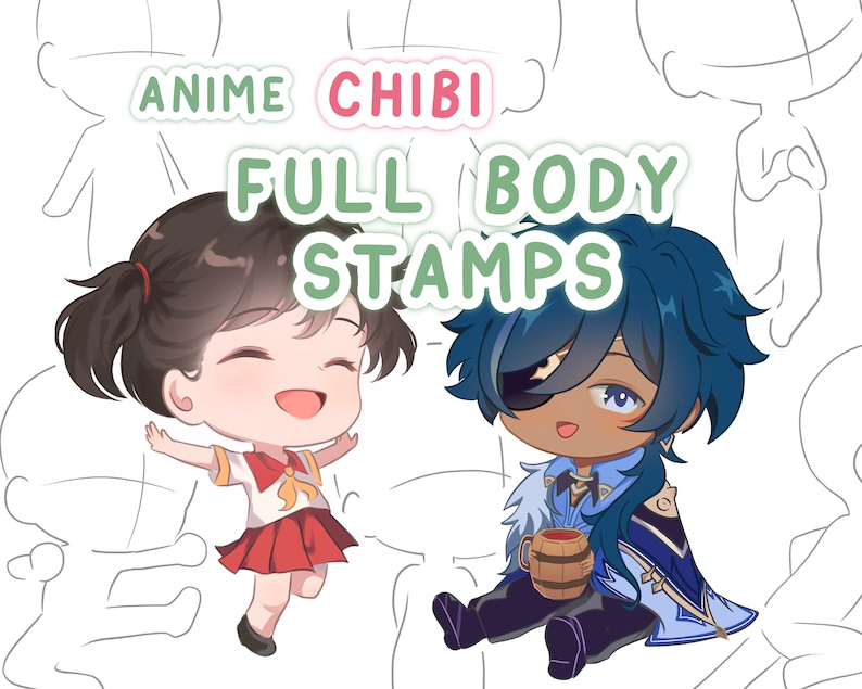 Puede incluir: Dos personajes chibi de anime, uno con cabello casta&ntilde;o y un vestido rojo, el otro con cabello azul y un atuendo azul y blanco, sosteniendo una taza. El texto "Anime Chibi Full Body Stamps" est&aacute; en el fondo.