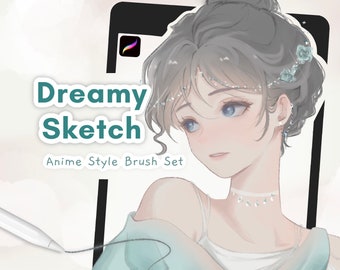 Verträumte Skizzen Anime Pinsel Set - LineArt und Color Brush Pack iPad, Digitales Zeichenpinsel-Bundle, Charakter-Skizzen- und Malpinsel