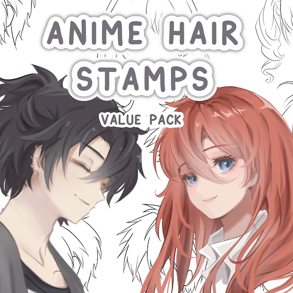 Ensemble de tampons pour cheveux doux procréer de style anime - Pack de pinceaux pour cheveux de fille/garçon pour iPad, pinceau à dessin numérique, pinceaux à croquis et à tampons