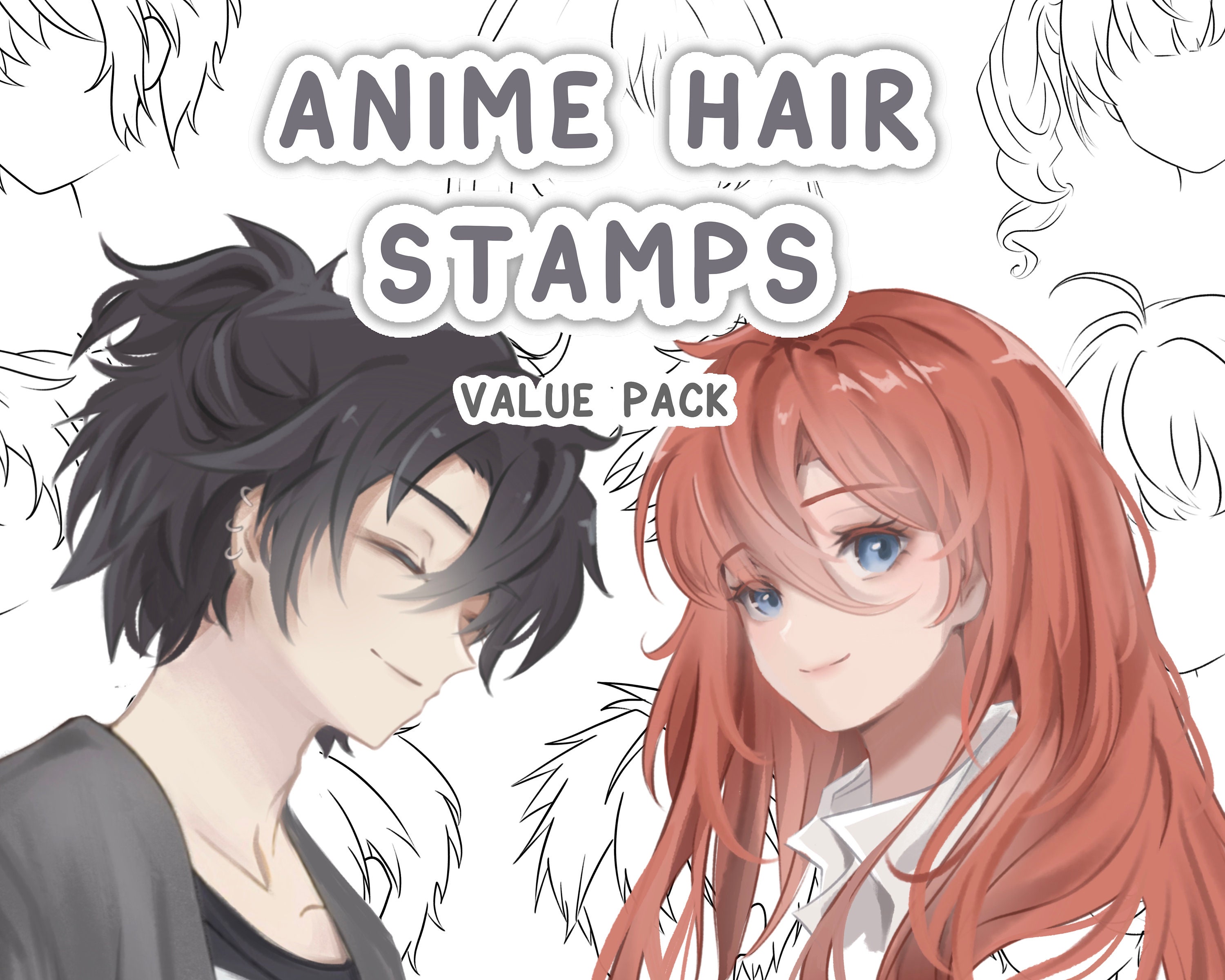 Soft Anime Style Procreate Hair Stamp Set Hair Lineart Brush Pack