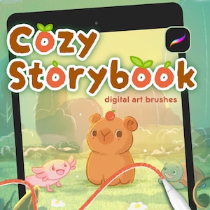 May include: A digital tablet screen displays the text Cozy Storybook digital art brushes with a cartoon illustration of a brown capybara, a pink axolotl, and a green turtle in a forest setting, featuring a stylus drawing a red line.