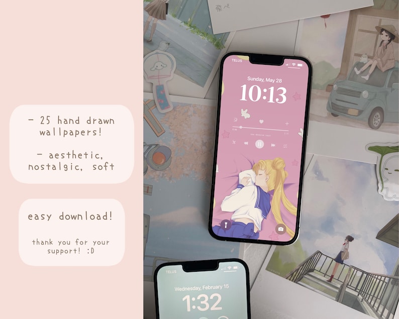 Soft Anime Aesthetic Inspired Minimalistic Cute Lofi Mobile Phone Wallpaper Pack - Cute Wallpaper, Digital Wallpaper, Anime Wallpaper, image 2