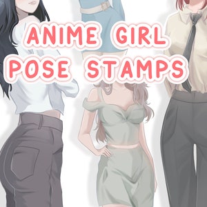 Könnte beinhalten: Drei Anime-Mädchenfiguren in verschiedenen Posen. Das Mädchen links trägt ein weißes Hemd und eine graue Hose. Das Mädchen in der Mitte trägt ein grünes Kleid. Das Mädchen rechts trägt ein weißes Hemd mit einer schwarzen Krawatte und einer grauen Hose. Der Text "Anime Girl Pose Stamps" befindet sich in der Mitte des Bildes.