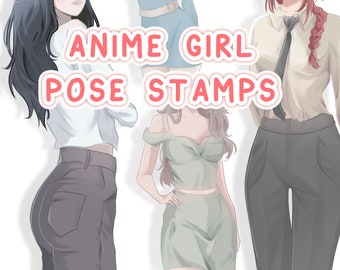 May include: Three anime girl characters in different poses. The girl on the left is wearing a white shirt and grey pants. The girl in the middle is wearing a green dress. The girl on the right is wearing a white shirt with a black tie and grey pants. The text "Anime Girl Pose Stamps" is in the center of the image.
