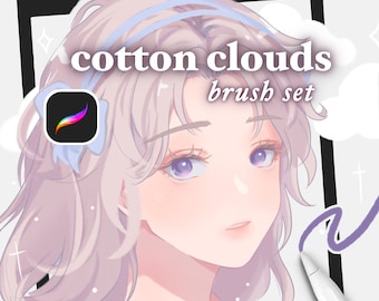 May include: A digital illustration of a woman with light purple hair and blue eyes. The image is set against a white background with a light blue ribbon around the woman's head. The text "cotton clouds brush set" is displayed in the upper right corner of the image.